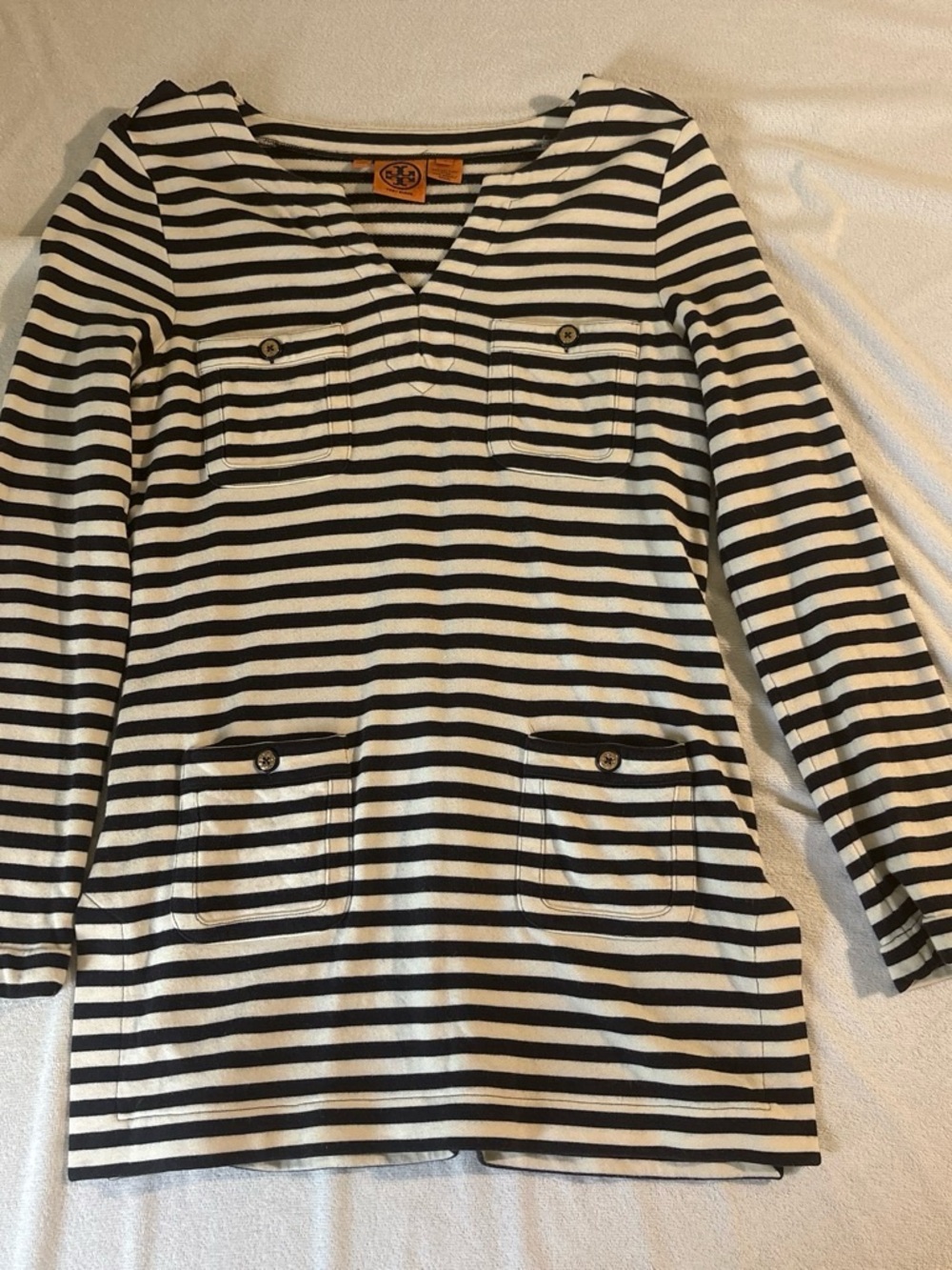 Tory Burch Navy and White Striped Top with Iconic Orange Label